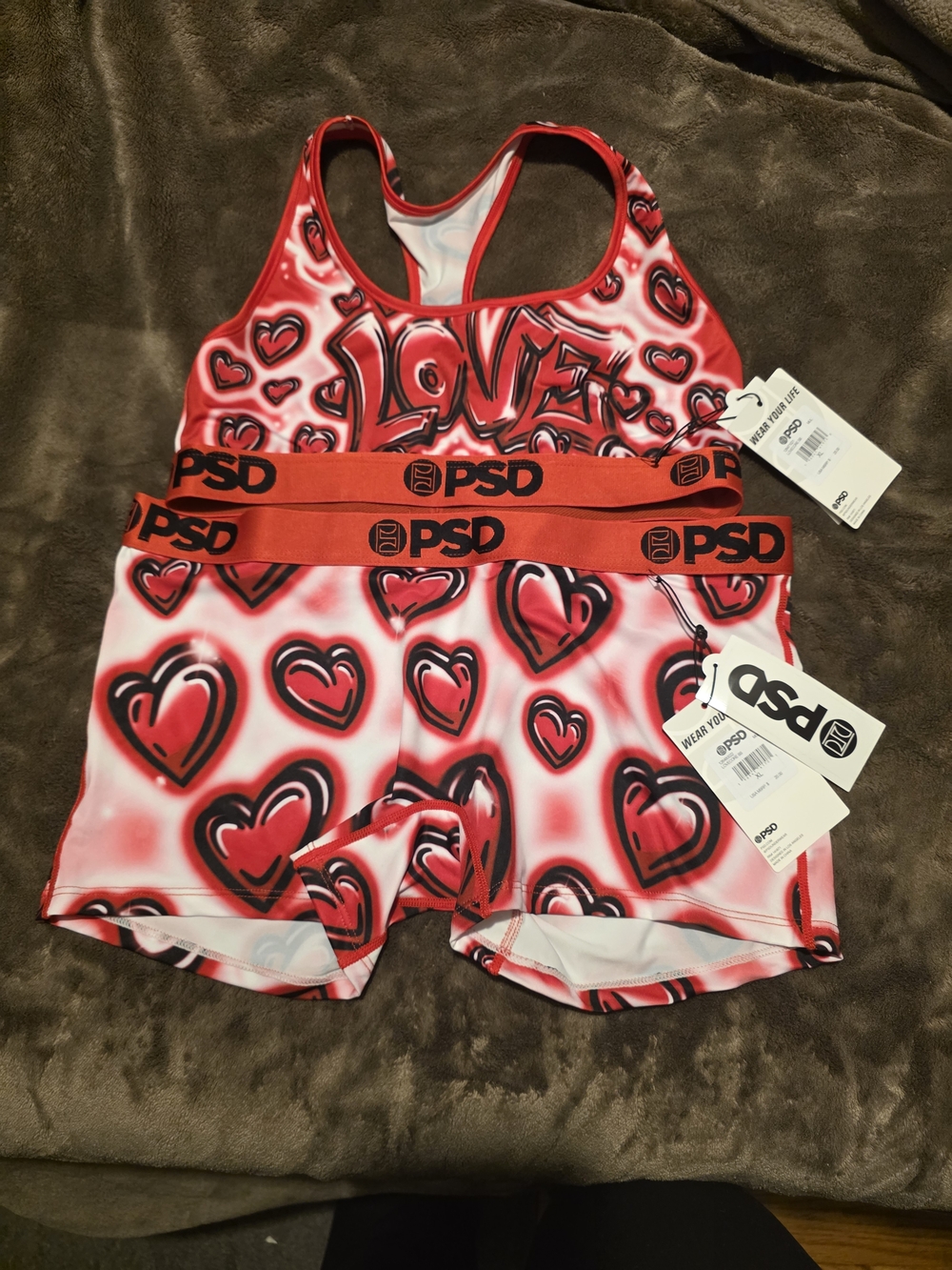 PSD Red and Black Heart Graphic Sports Bra & Shorts Set